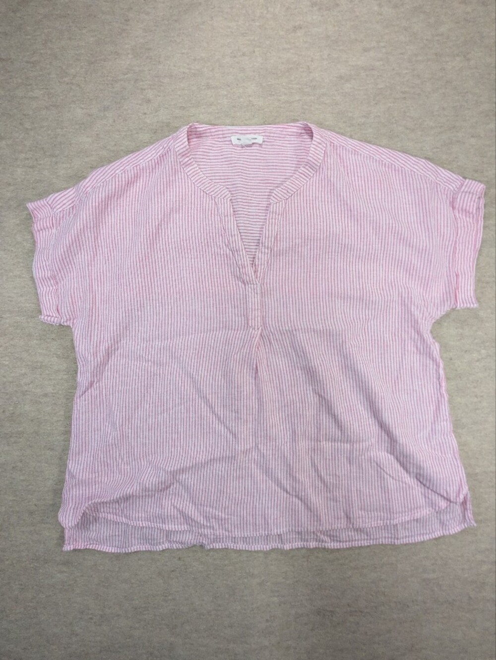 beachlunch Linen Cotton Blend Pink Stripe Short Sleeve V Neck Shirt Boxy Flow XL